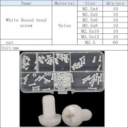 Set of plastic fasteners M2.5 120pcs. screw, nut, milky PA66